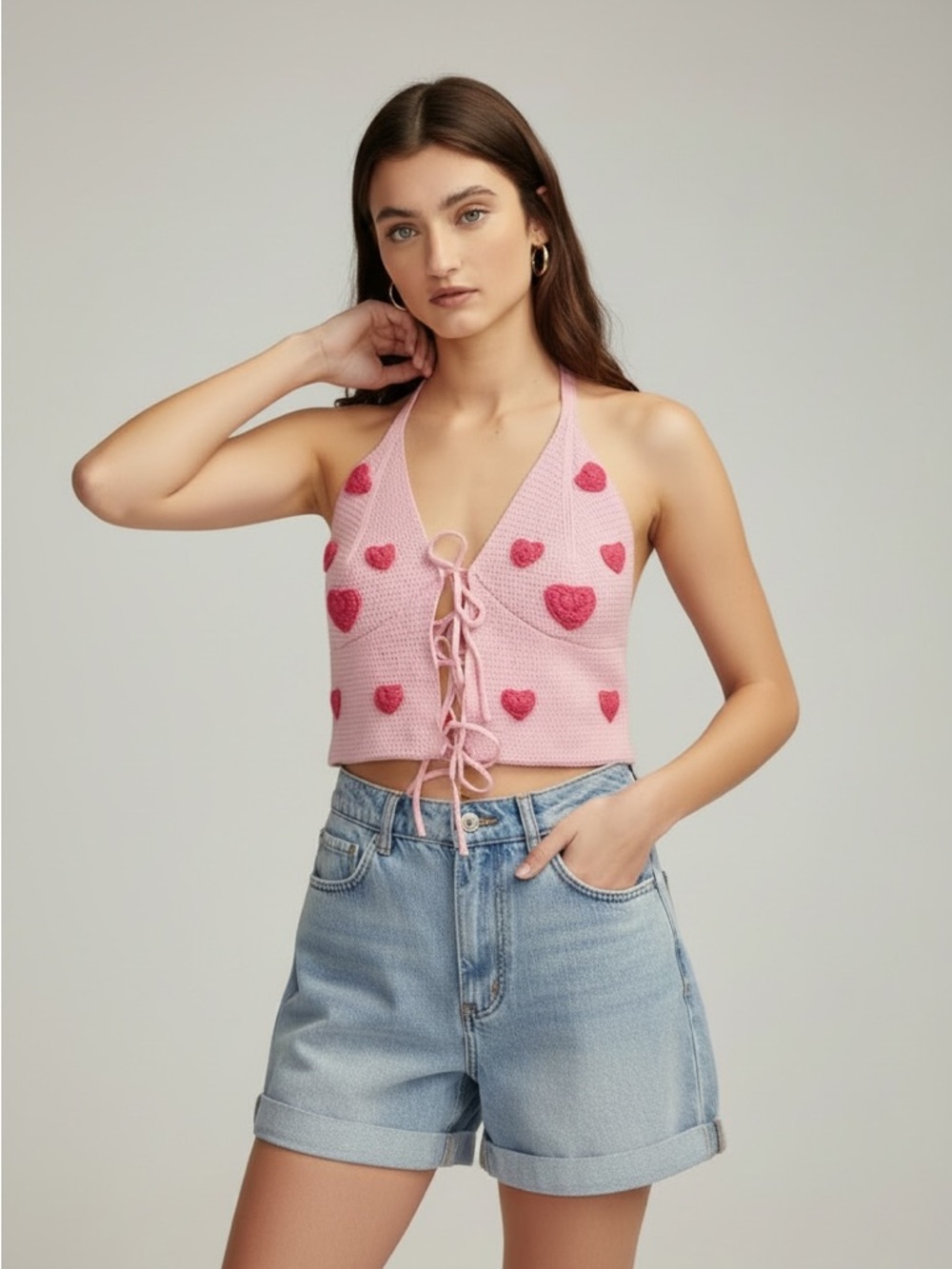 NWT Cider Knit Heart Puff Tie Front Halter Neck Vest Top 0X